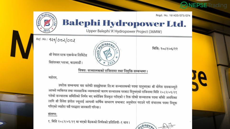 Yogesh Daruka Resigns as Director of Balephi Hydropower Ltd.; Dinesh Dongol Appointed as New Director